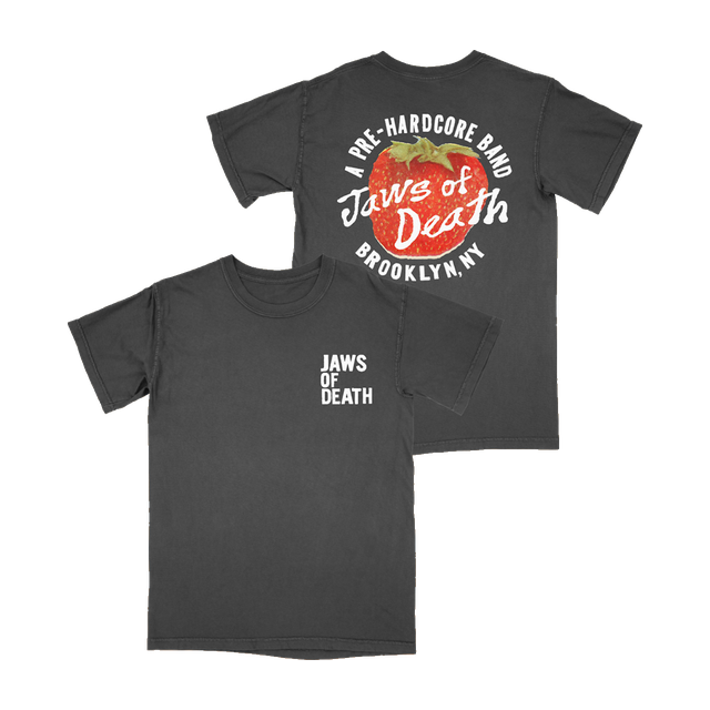 Jaws of Death t-shirt, front and back — strawberry back print with the band name and Brooklyn, NY